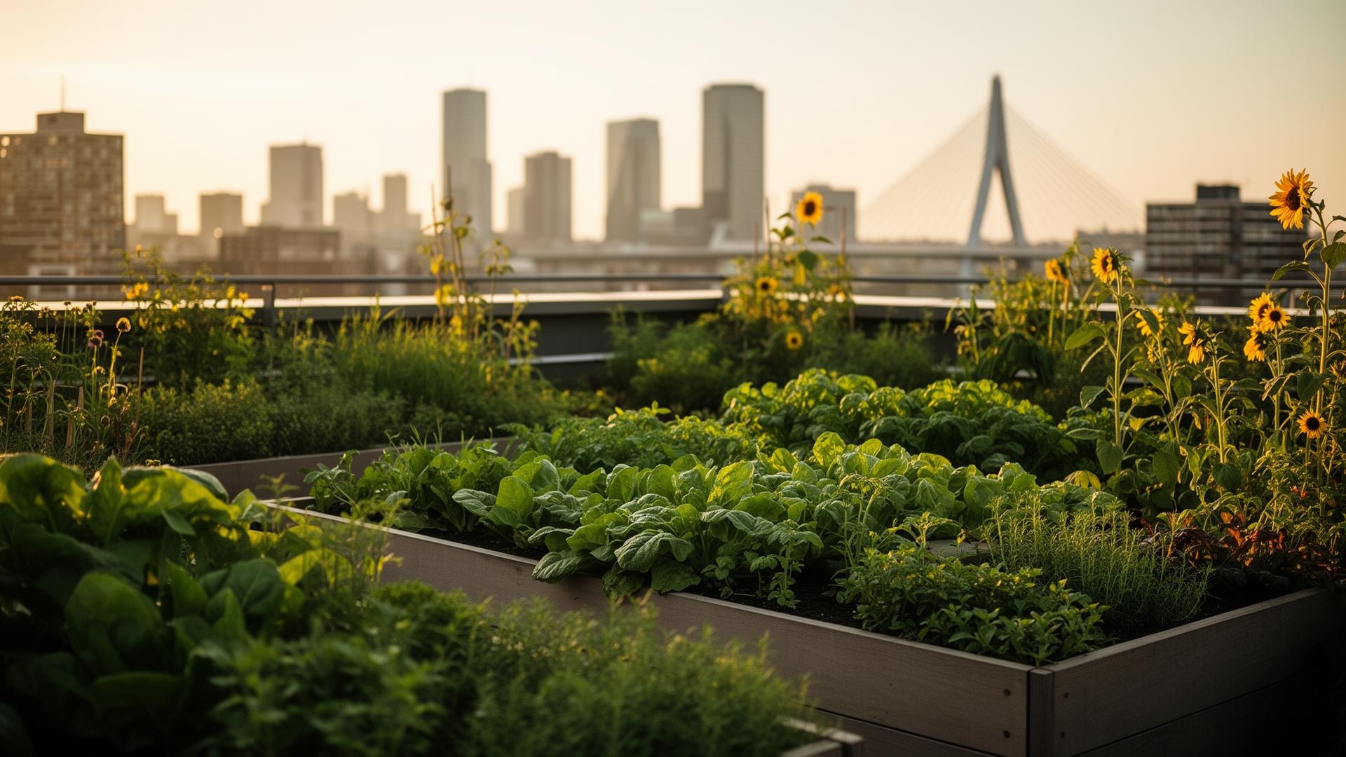 Daktuin met groenten en zonnebloemen met op de achtergrond de Rotterdamse skyline en Erasmusbrug